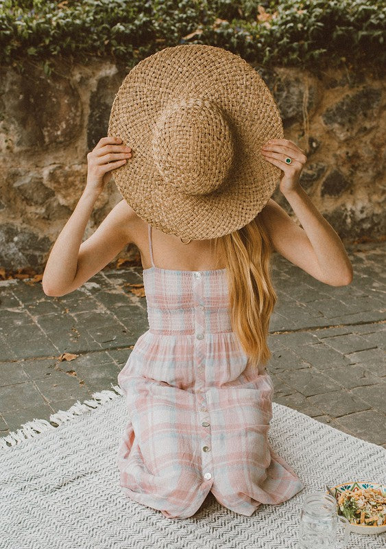 Pink, blue and white smocked linen maxi dress. 