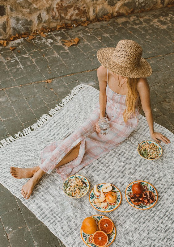 Pink, white and blue smocked linen maxi dress 